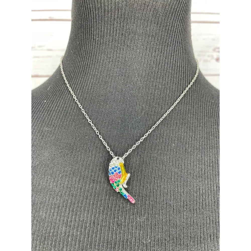 Girl's Tropical Rainbow‎ Gemstone Silver Parrot Pendant Fashion Necklace